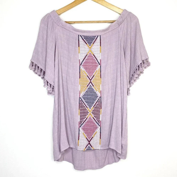Knox Rose Lilac Embroidered Peasant Blouse S Fringe Boho Short Sleeve Geometric - Picture 1 of 11